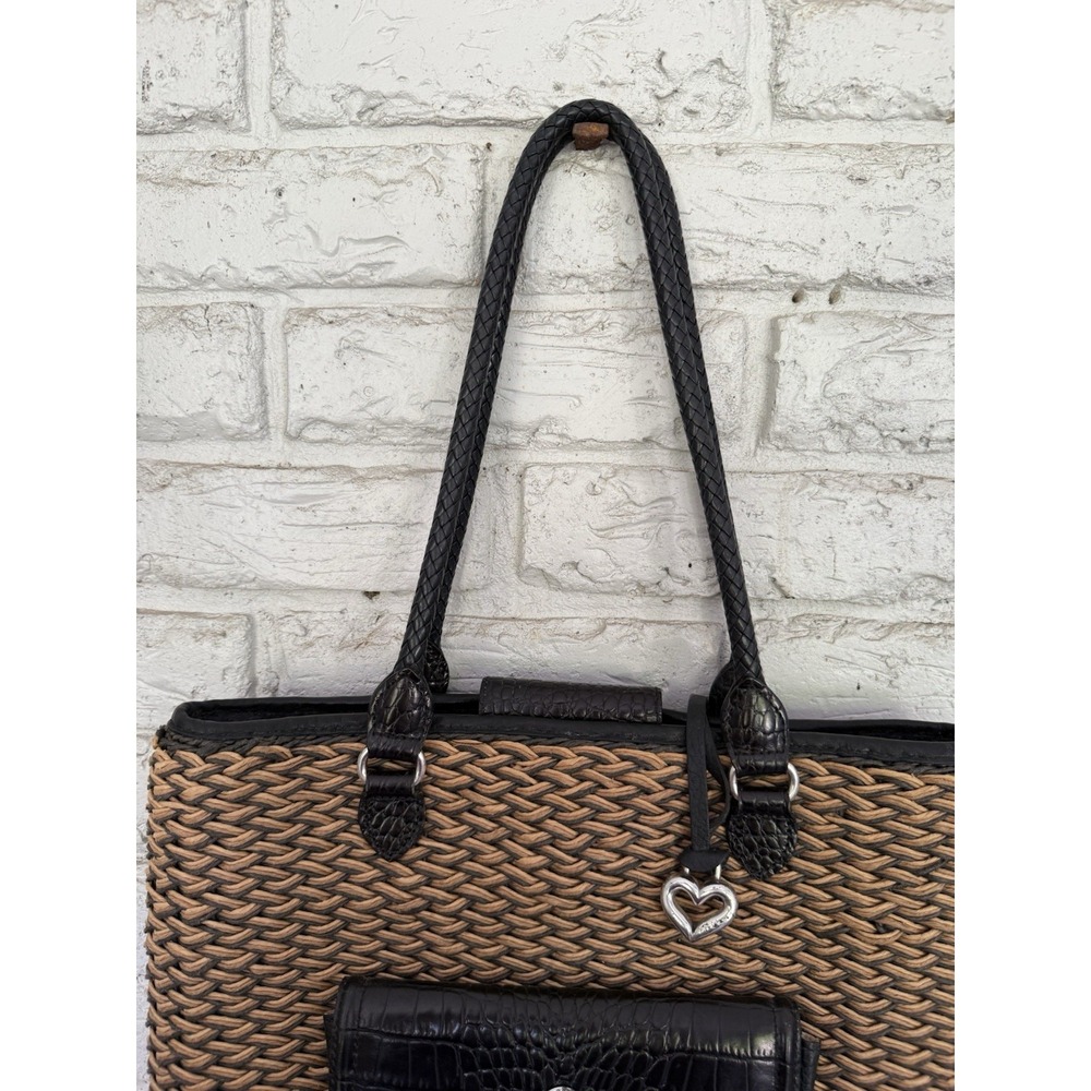 Vintage Brighton Straw & Leather Purse Tote Bag Woven Braided Straps-Tan Black - Picture 6 of 16